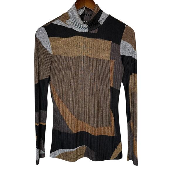 DKNY Metallic Rib Knit Turtleneck Mod Geo Print, size Small - Picture 1 of 7